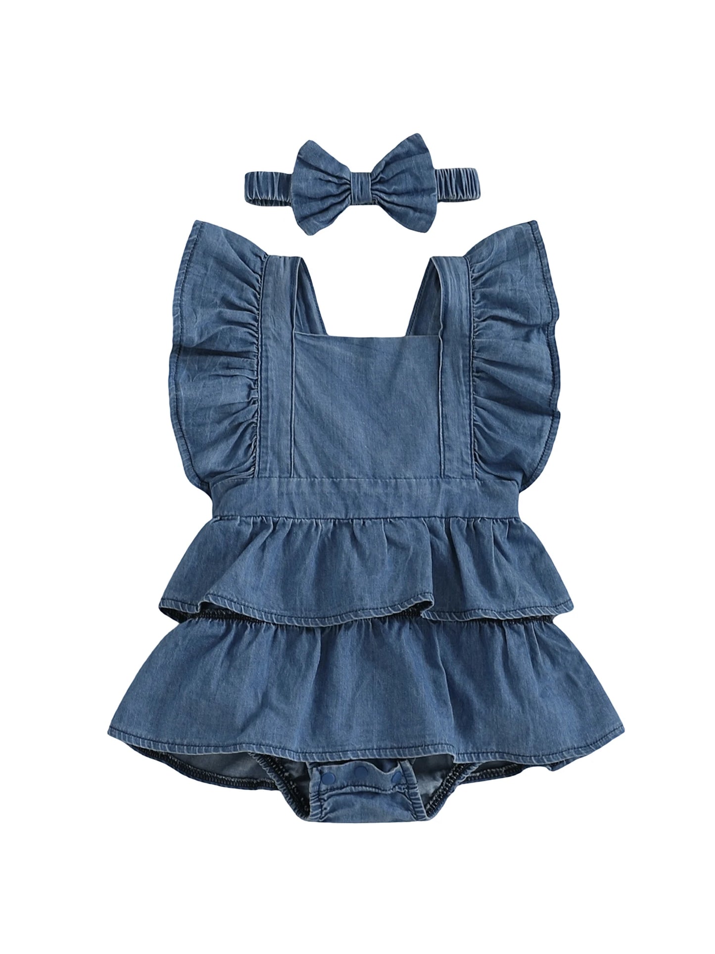Baby Girls Denim Romper Dress Set - Ruffles Fly Sleeve Layered Jumpsuit with Bowknot Hairband