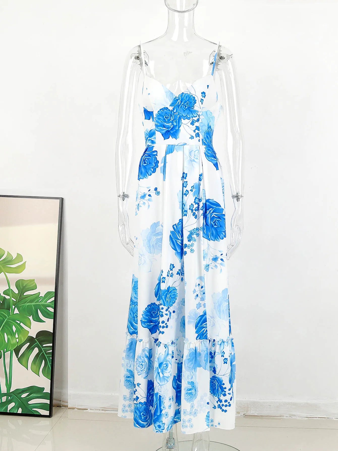 Women's Summer Print Long Lace Up Sling Party Pattern Straps Hollow Out V-Neck Beach Dress