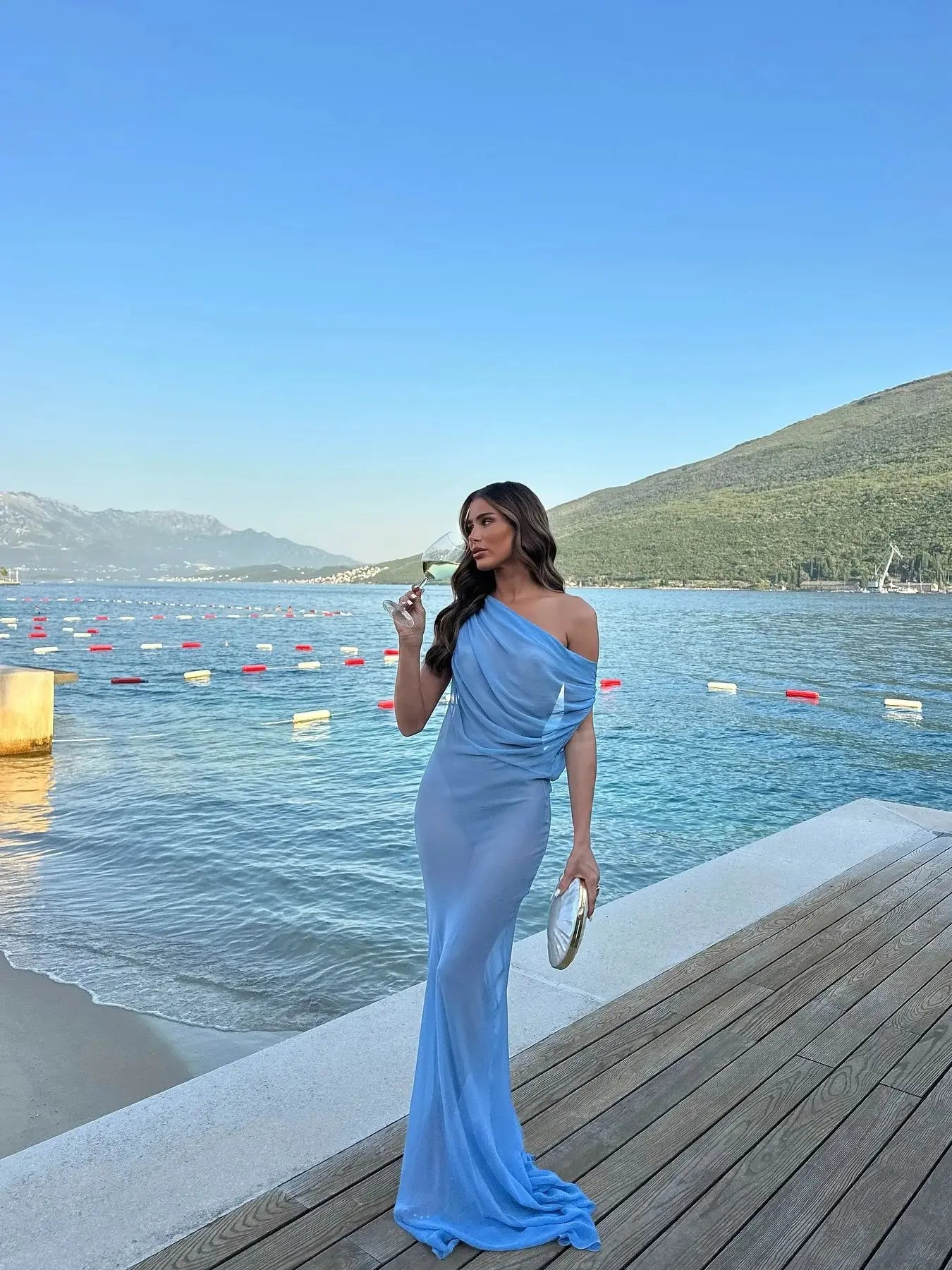 Women's Summer Ruffle Hollow Out Mesh Bodycon Sleeveless A-line Blue Maxi Beach Dress