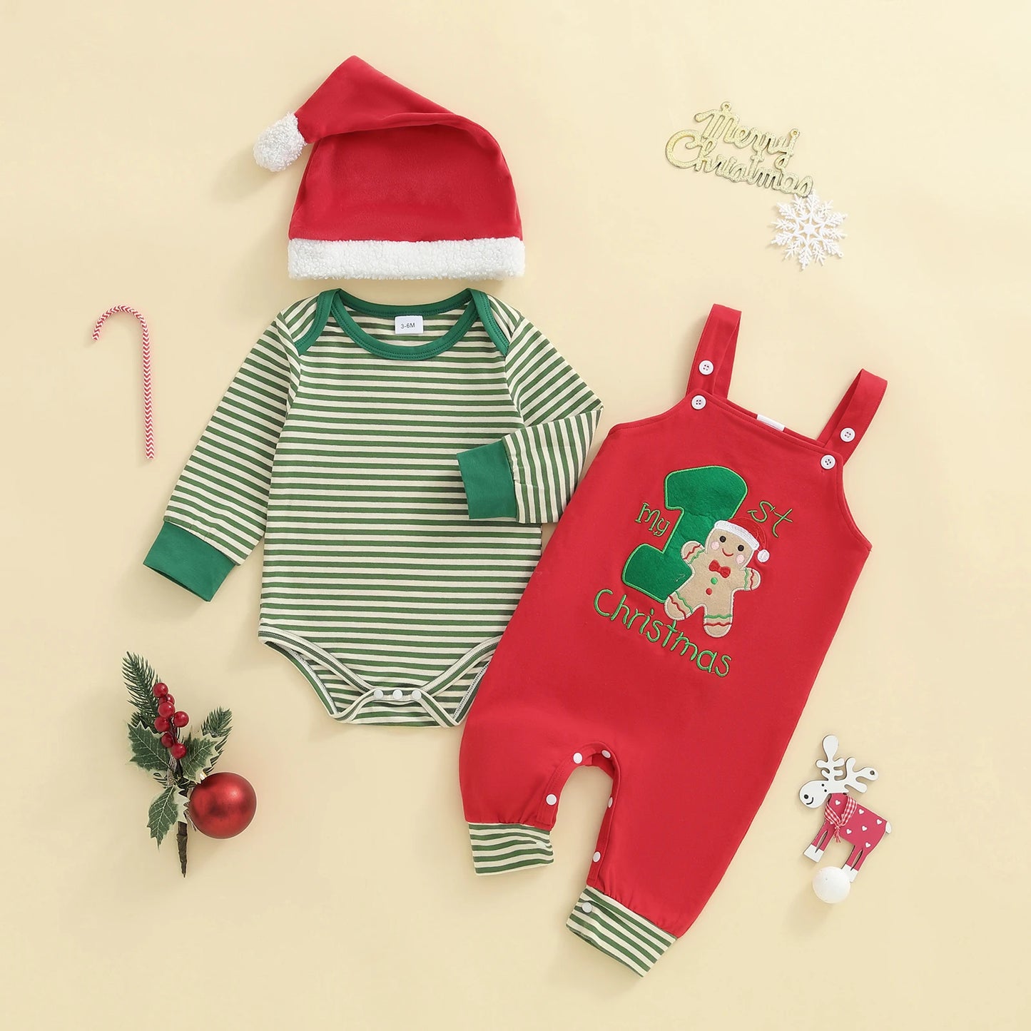 Newborn Baby Boys Fall Winter Christmas Clothes Set - Stripe Long Sleeve Romper, Embroidery Overall Pants & Hat