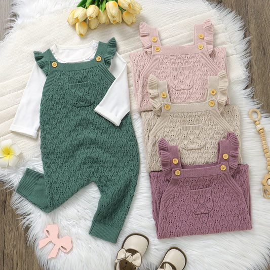 Baby Autumn Romper - Solid Ruffles Fly Sleeve Knit Jumpsuit Overalls Sweater