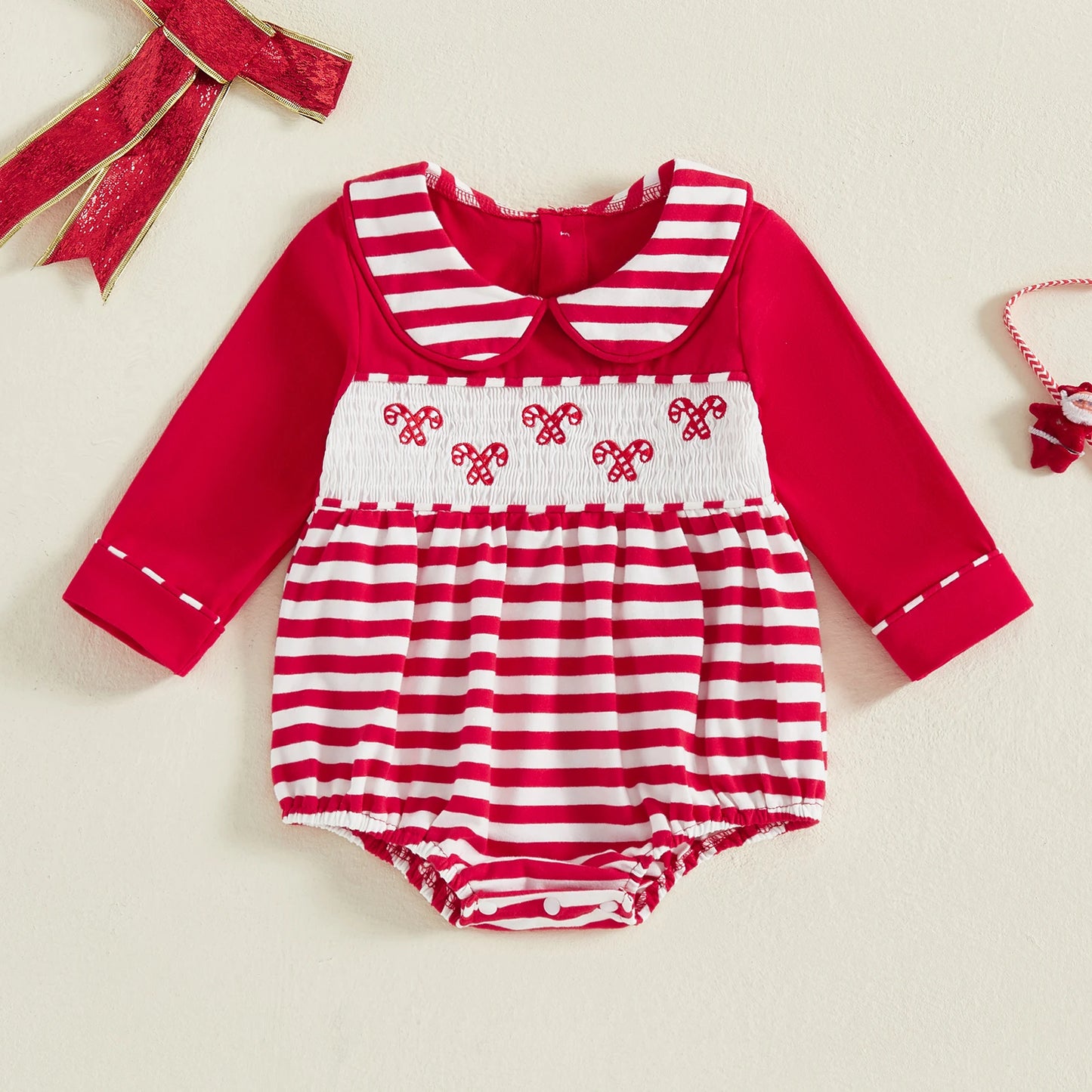 Baby Christmas Romper - Candy Cane Embroidery Long Sleeve Smocked Striped Jumpsuit