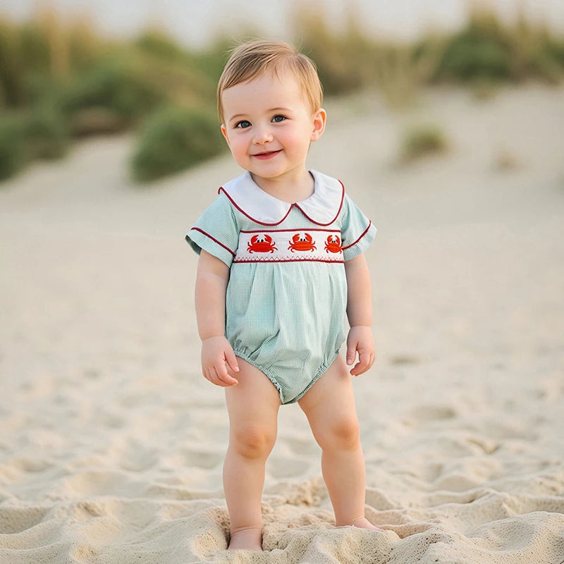 Baby Boys Girls Summer Romper - Crab Embroidery Doll Collar Jumpsuit (0-18M)