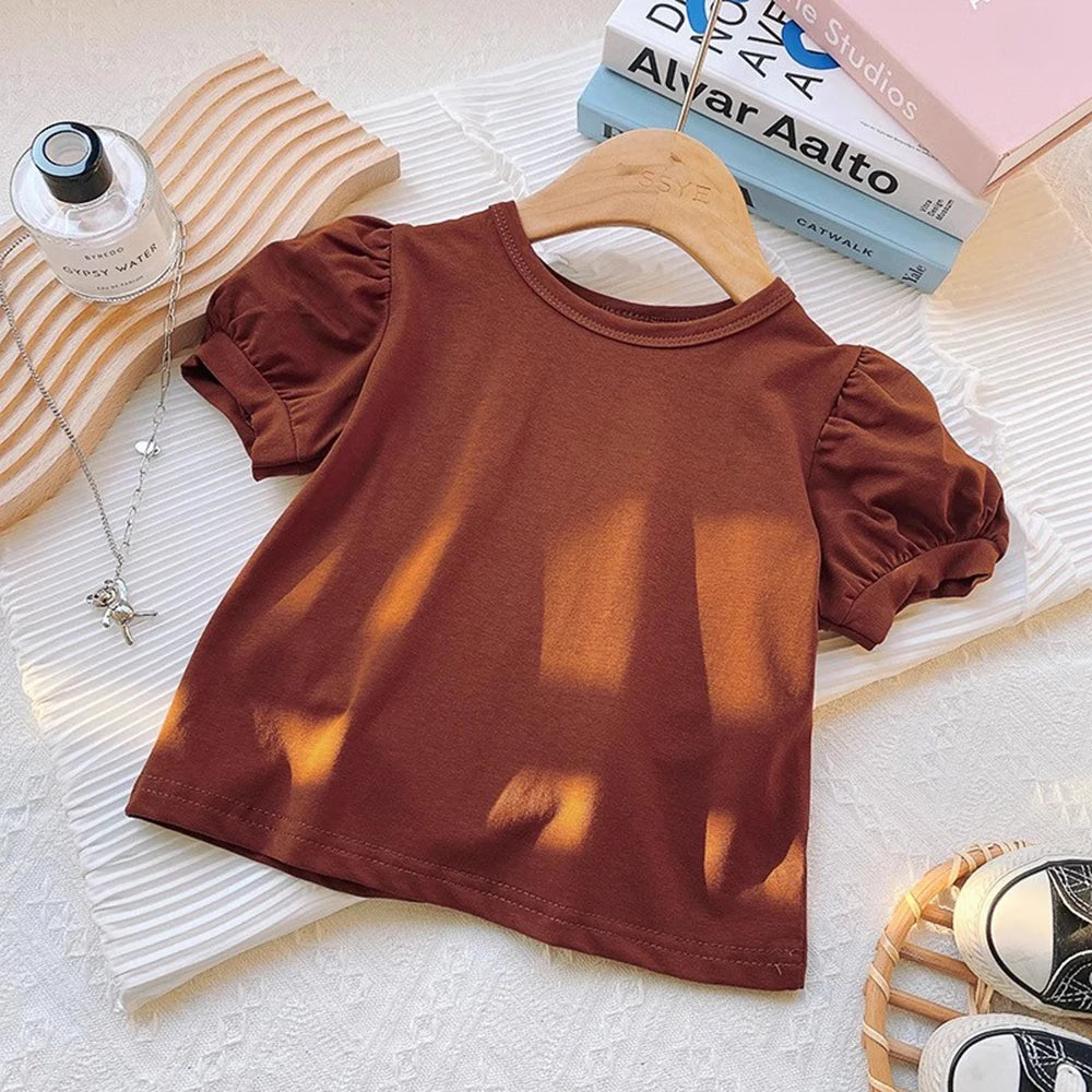 Girl's Summer Puff Sleeve T-Shirt Button Strap Skirt Two Piece Set