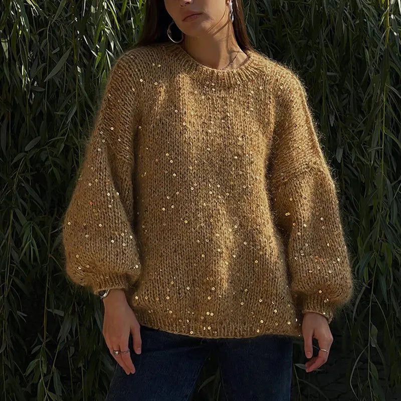 Women's Sequined Mohair Loose Round neck Lantern Long Sleeve Glitter Knitted Pullover Sweater