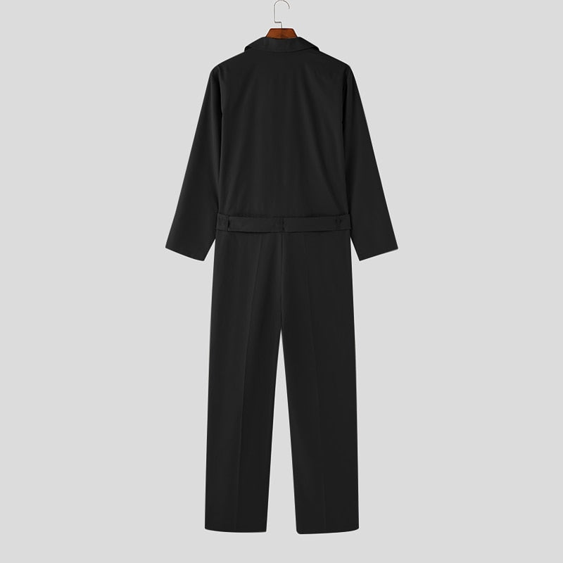 Men's Lapel Long Sleeve Pockets Jumpsuit With Belt S-5XL