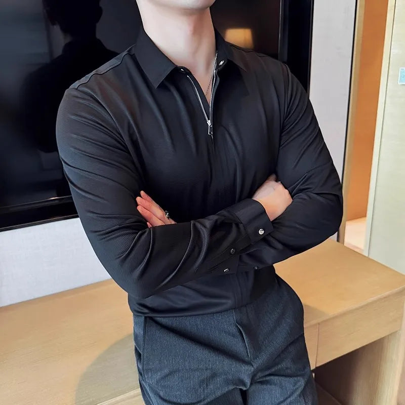 Men's Zipper Long Sleeve Smart Casual Slim Fit Turn Down Collar Shirt