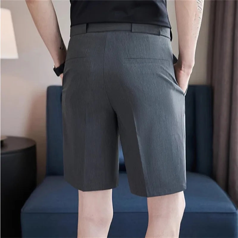 Men's Summer British Style Straight Slim Casual Comfortable Elastic Waist Knee Length Shorts