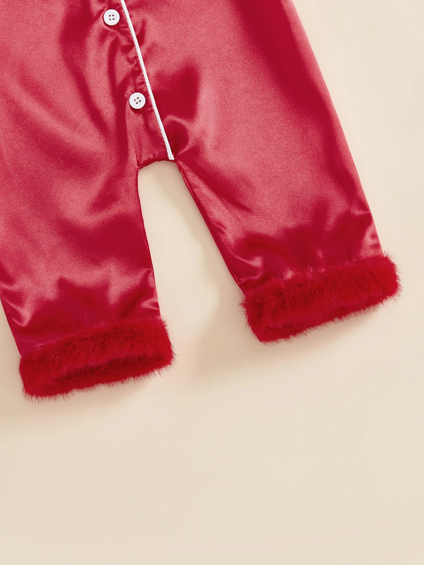 Baby Christmas Pajama Romper - Button Down with Feather Trim Cuffs
