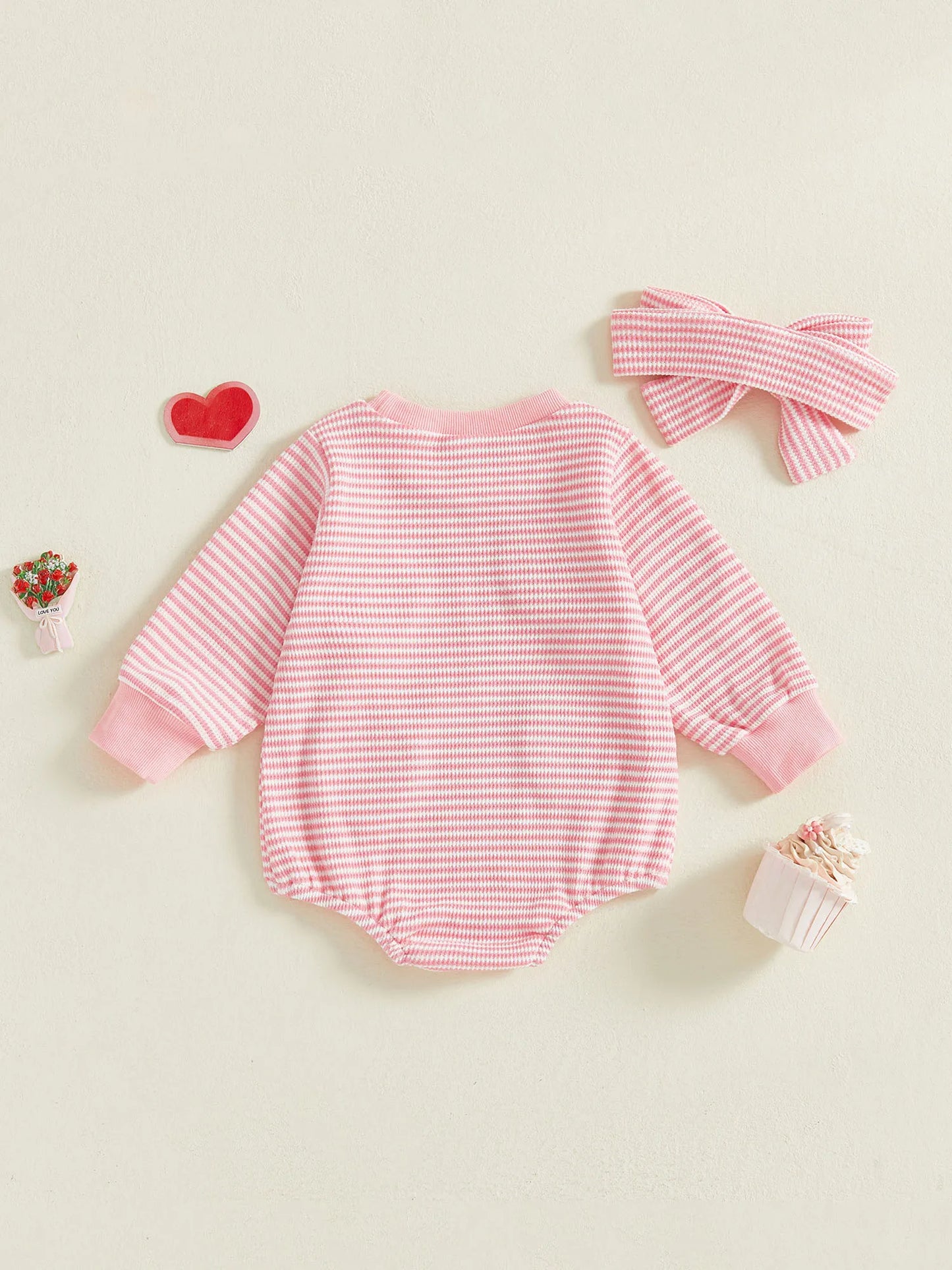 Baby Valentine's Day Romper Set - Striped Heart Embroidery with Headband