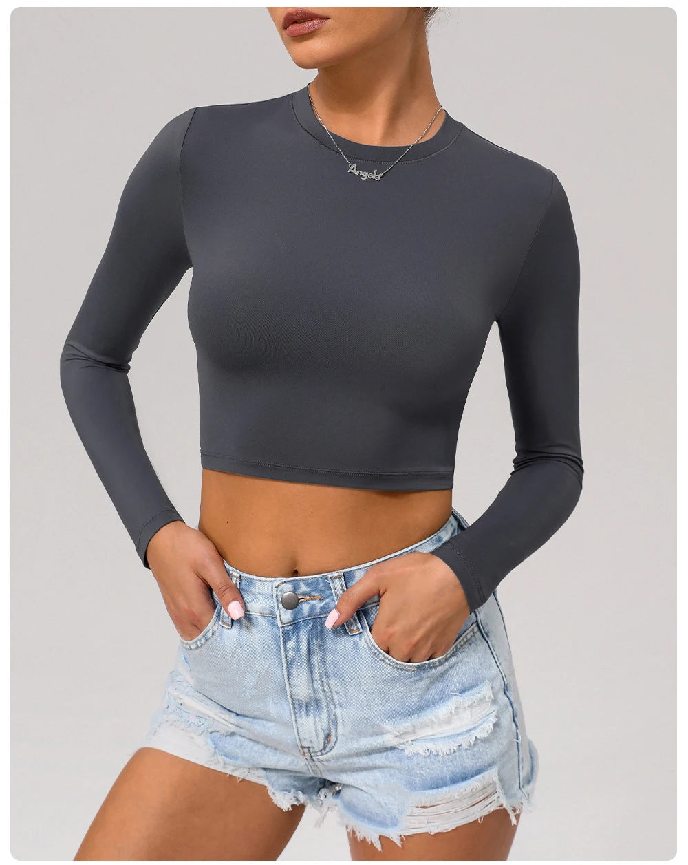 Women's Slim Fit Yoga Shirt Solid Colour Long Sleeve Gym Running Top Breathable Quick Dry Workout Crop Top Sportswear