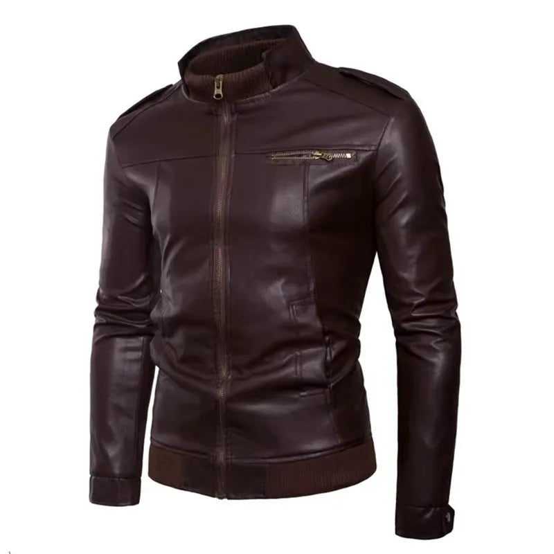 Men's PU Leather Slim Fit Stand Collar Jacket