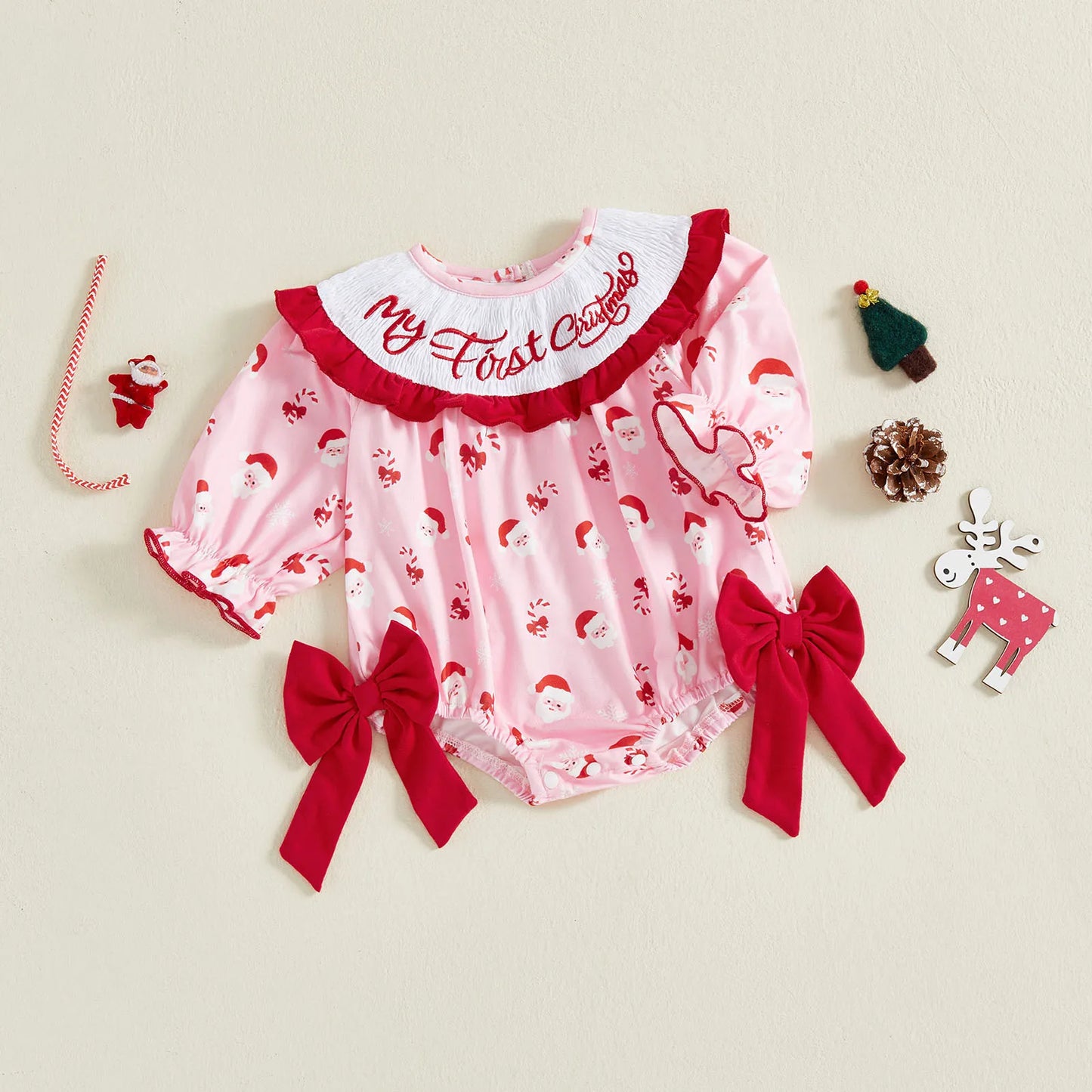 Baby Girls Christmas Letter Embroidered Romper with Bow (0-18M)