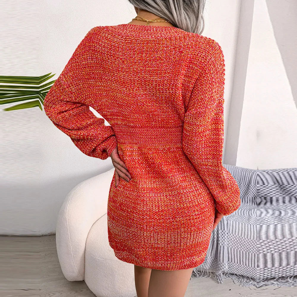 Women's Autumn Winter V Neck Lantern Sleeve Nipped High Waist Sweater Chic Knitted Dress