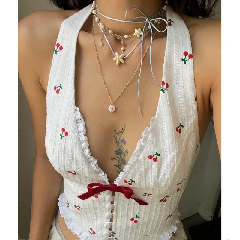 Women's Halter Tank Top Lace Bow Detail Backless Single Breasted Coquette