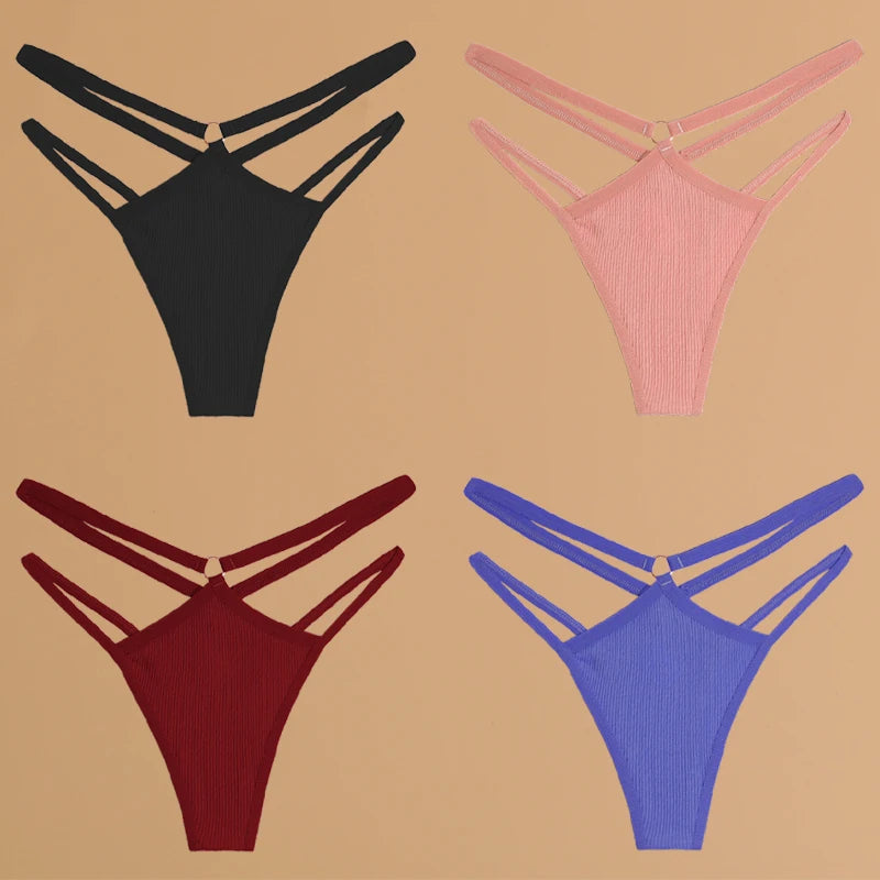 4-Pack Cotton Striped Thongs - Women's Low-Rise Breathable Underwear Set