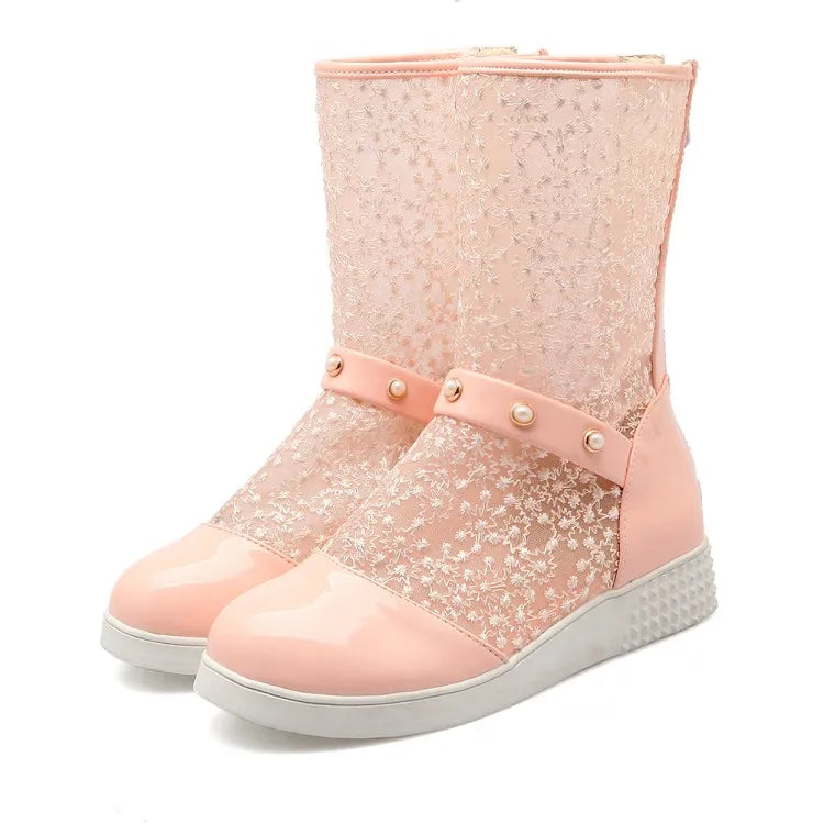 Women's Leather Splicing Mesh Pearl Metal Decoration Zipper Ankle Boots