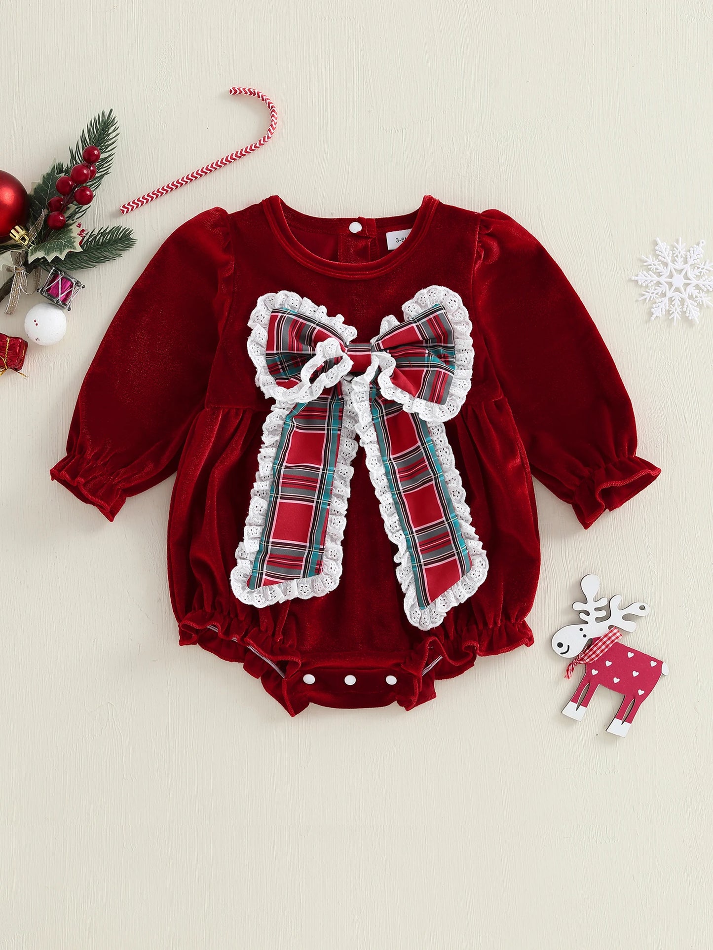 Lovely Baby Velvet Christmas Romper with Plaid Bow (0-18M)