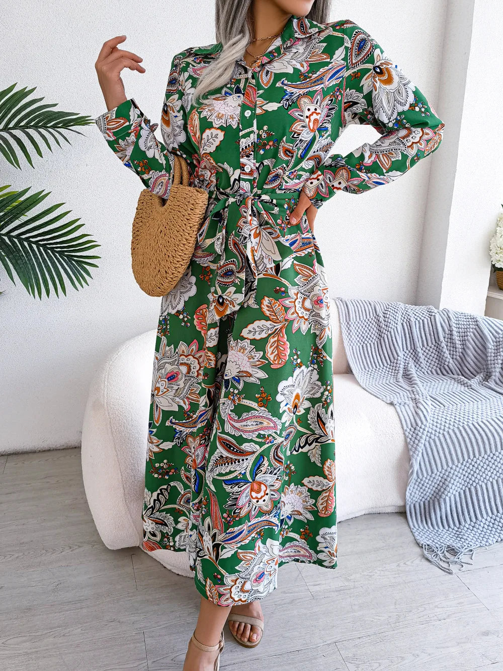 Women'S Spring Summer Retro Floral Collar Long Sleeve Tie Up Shirt Dress