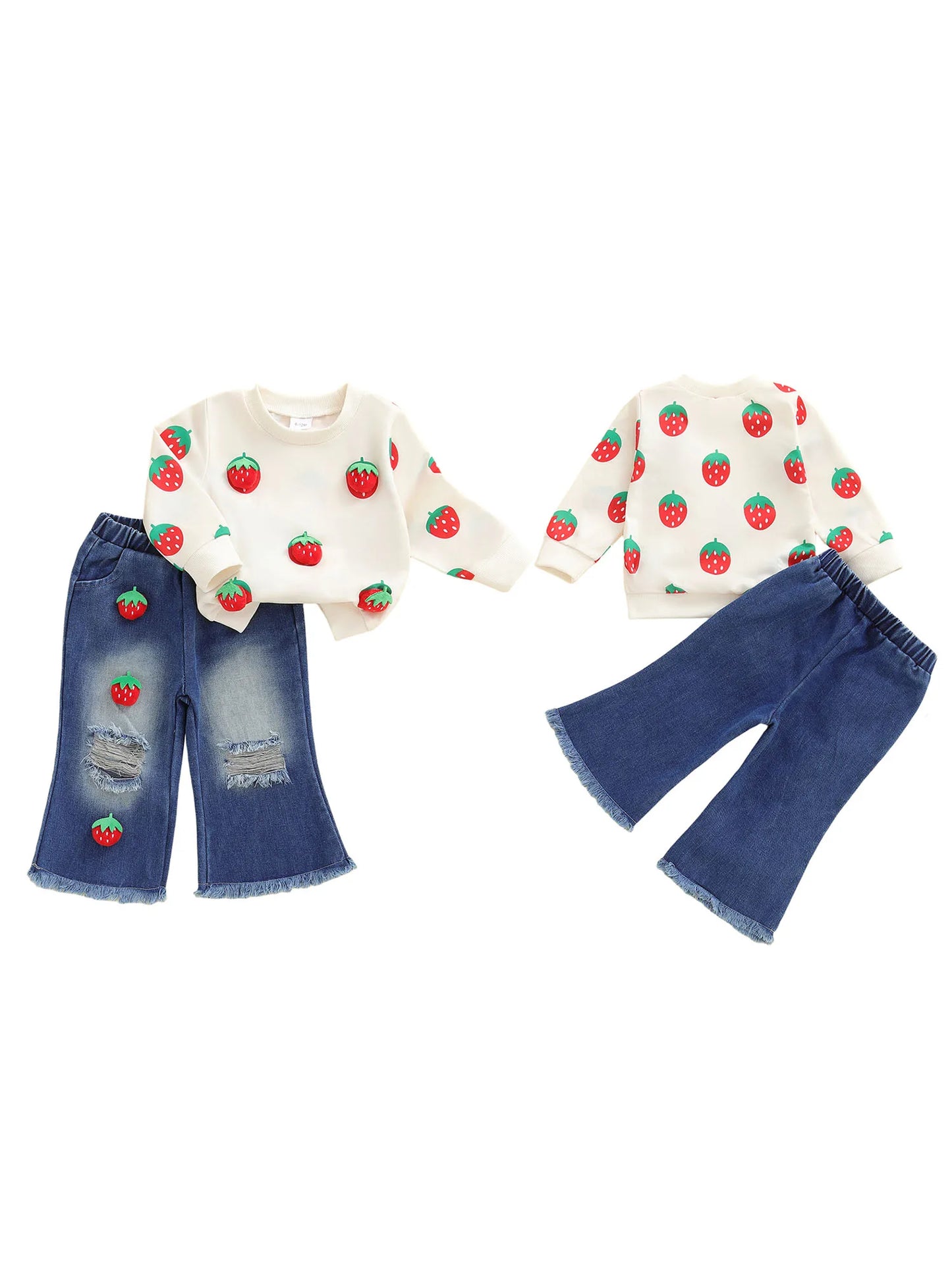 Kids Girls Fall Winter Clothes Set - 3D Strawberry Long Sleeve Pullover Top & Ripped Denim Flare Pants