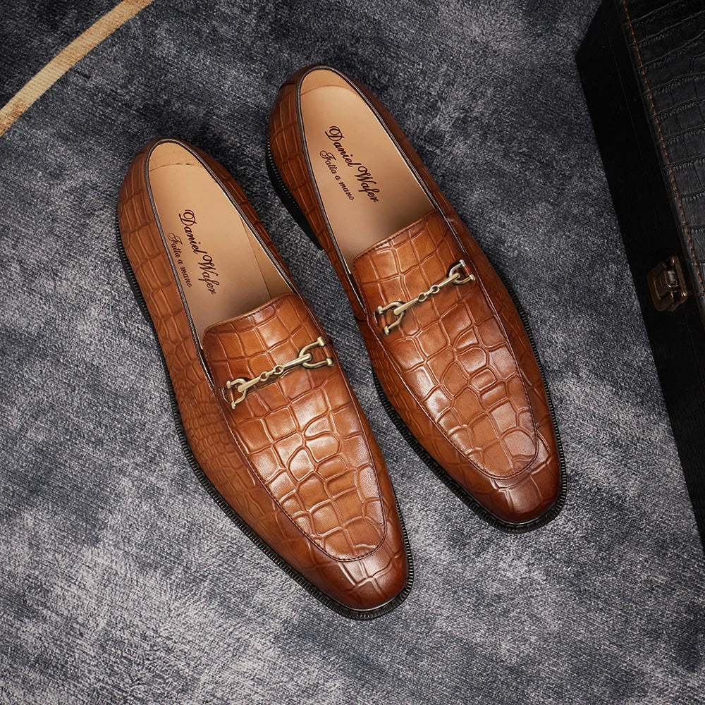 Formal Men's Oxford Shoes Pointed Toe Metal Buckle Genuine Leather Crocodile Pattern Shoes