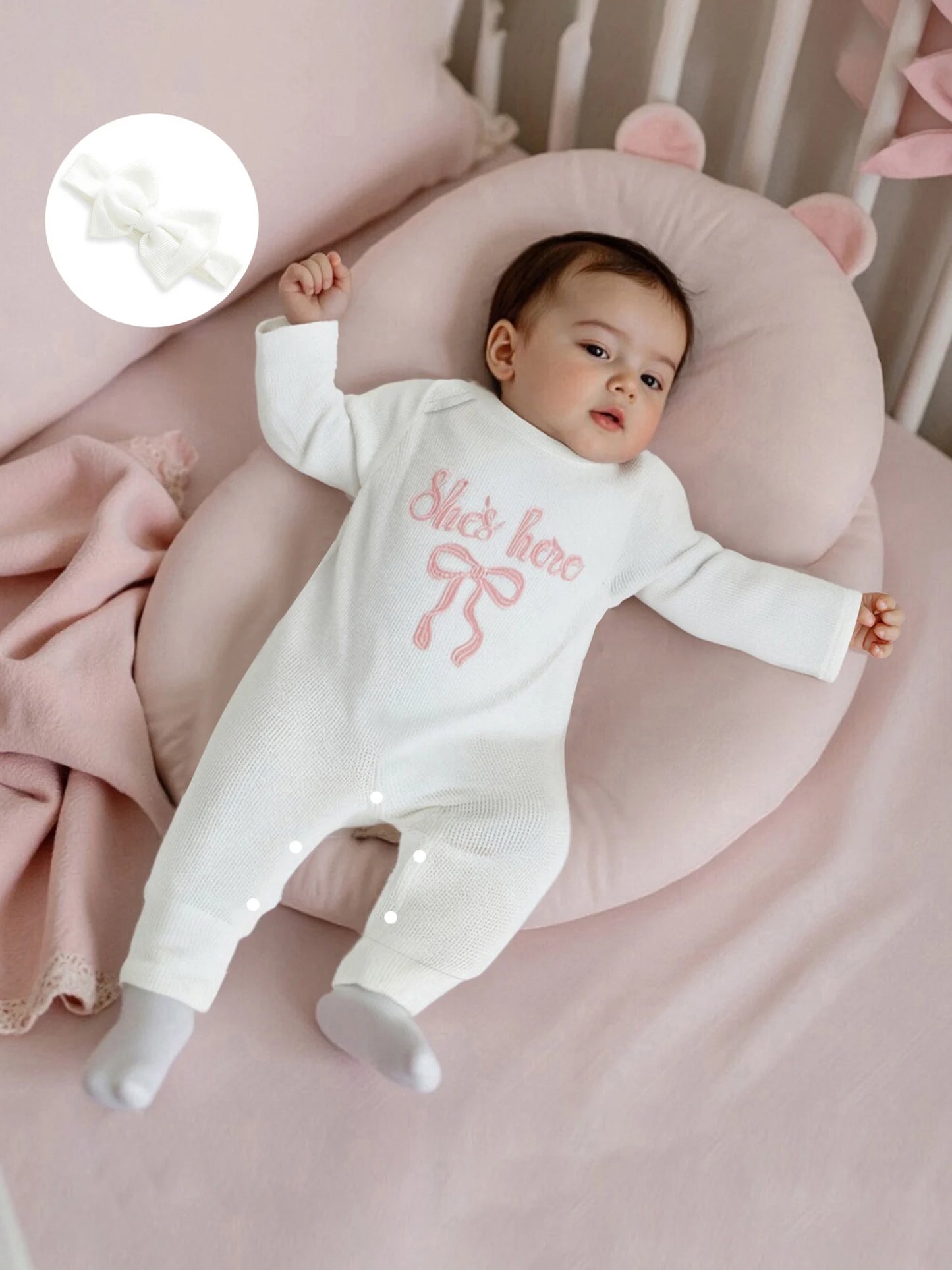 Newborn Baby Fall Winter Romper - Bow Letter Print Waffled Jumpsuit with Headband (0-6M)