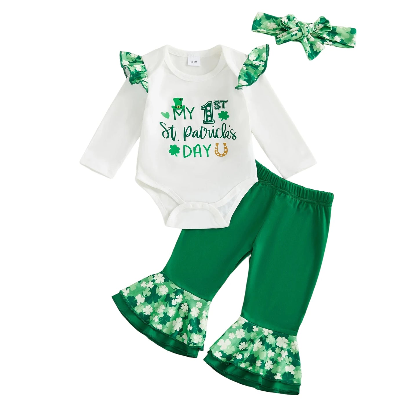 Baby Girls Boys Clover Print Outfit Set - Long Sleeve Romper with Flare Pants & Headband 0-18M