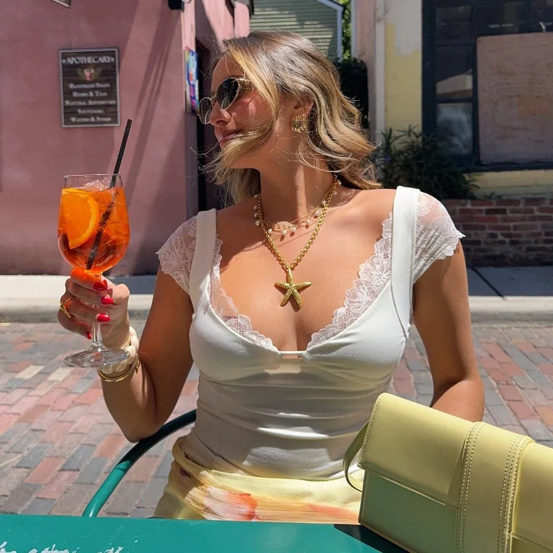 Women's Summer White Lace Trim Top V Neck Cropped Tops Solid Clothes Basic Casual T-shirt