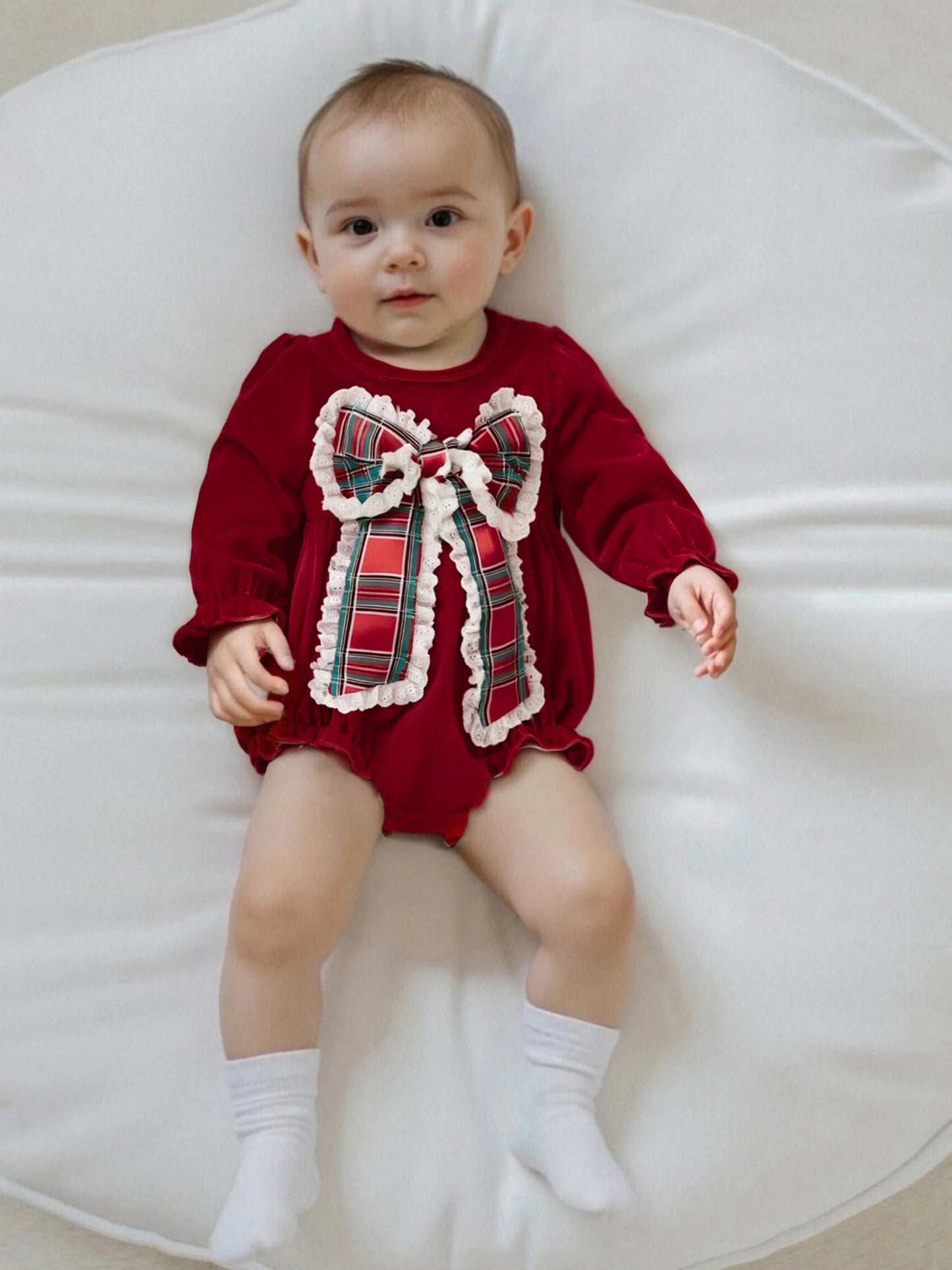 Lovely Baby Velvet Christmas Romper with Plaid Bow (0-18M)