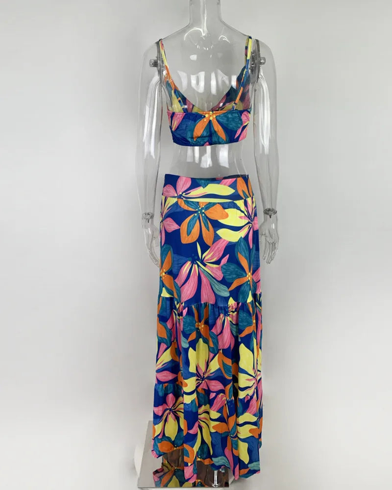 Women's Print Beach Two Piece Skirt White Bra High Waist A-line Long Skirt Beach Set