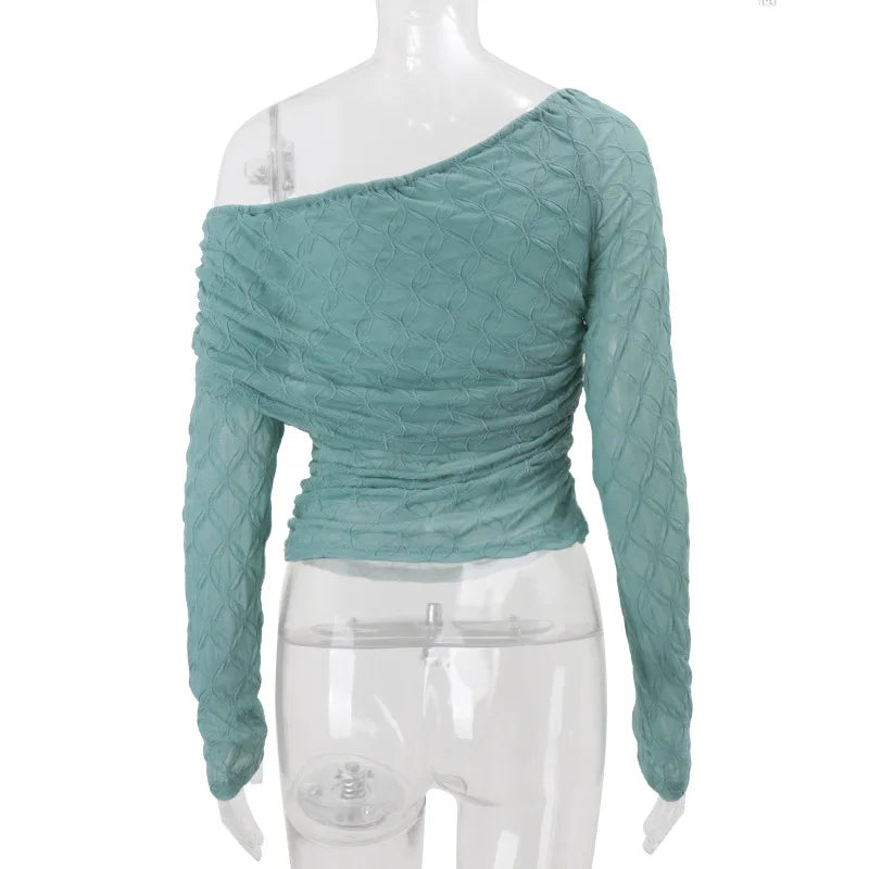 Women's Elegant Textured Asymmetrical Long Sleeve Top - Ruched Cropped
