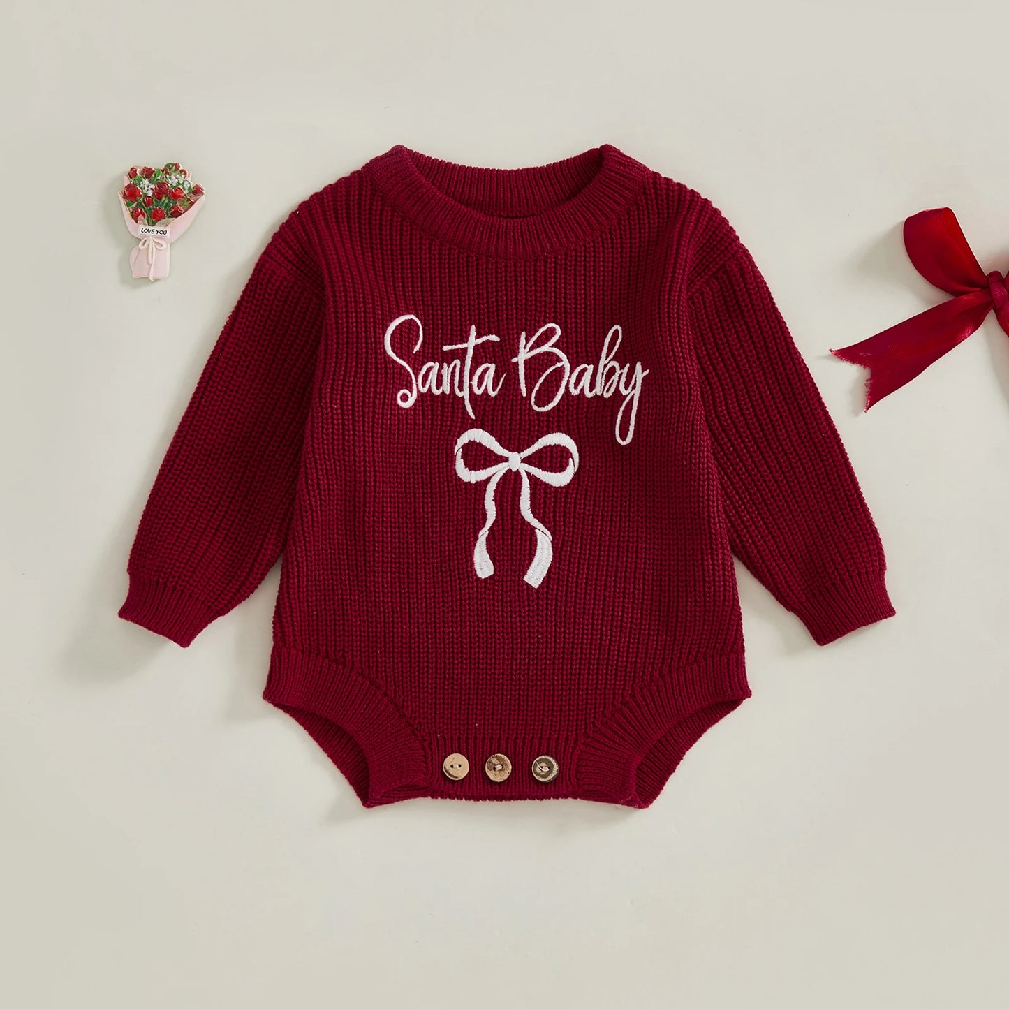 Baby Christmas Romper Sweater - Letter Bow Embroidery Ribbed Long Sleeve