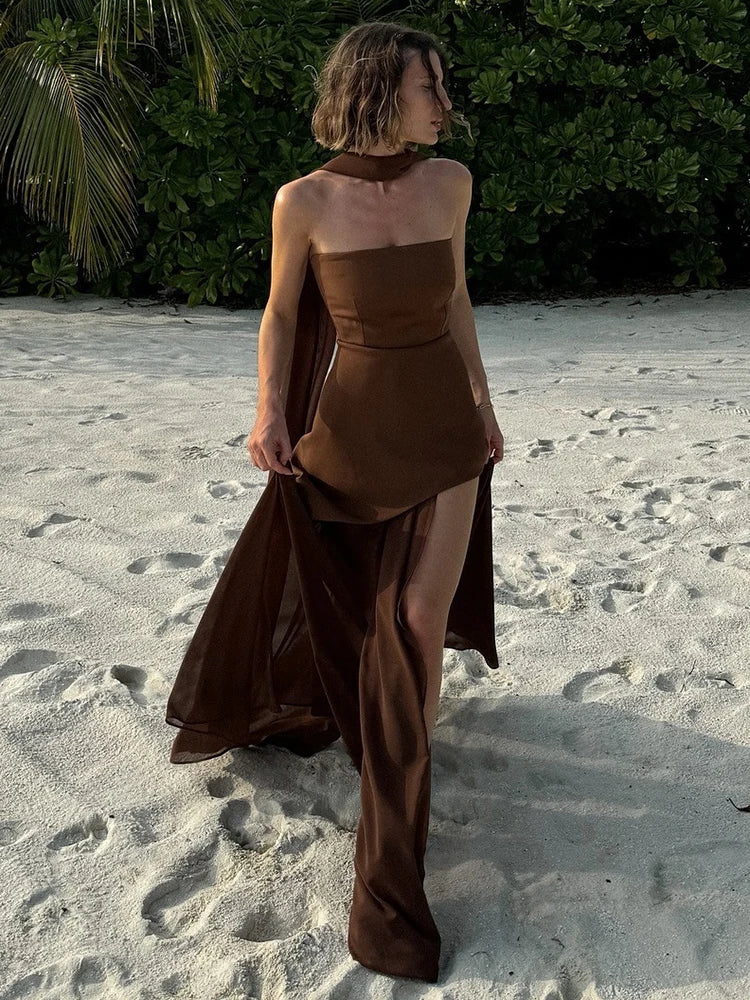 Women's Elegant Strapless Maxi Gown With Scarf Off-shoulder Sleeveless Backless Split Beach Long Dress