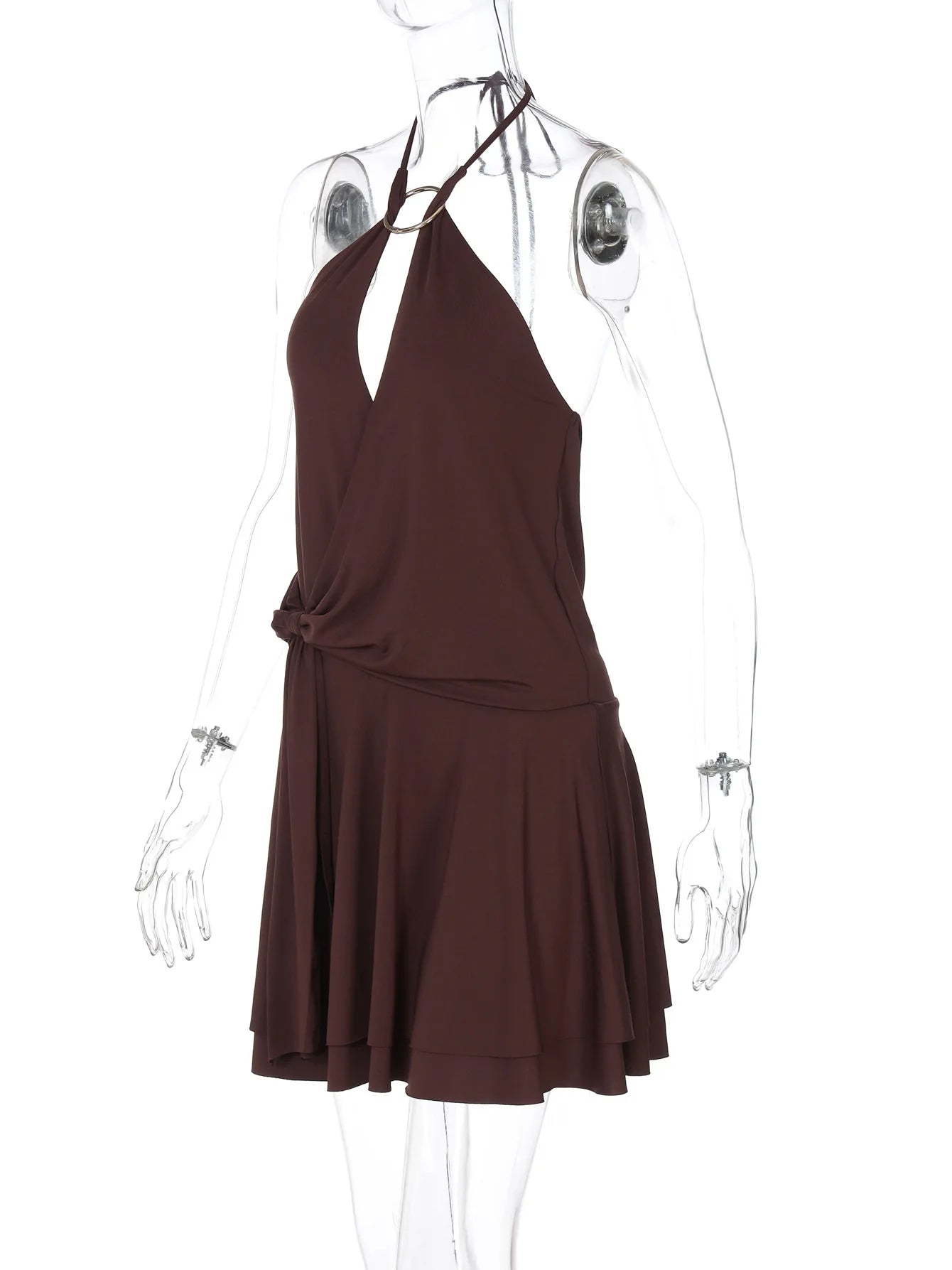 Women's Elegant Ruched Halter Backless Mini Dress - Draped V Neck