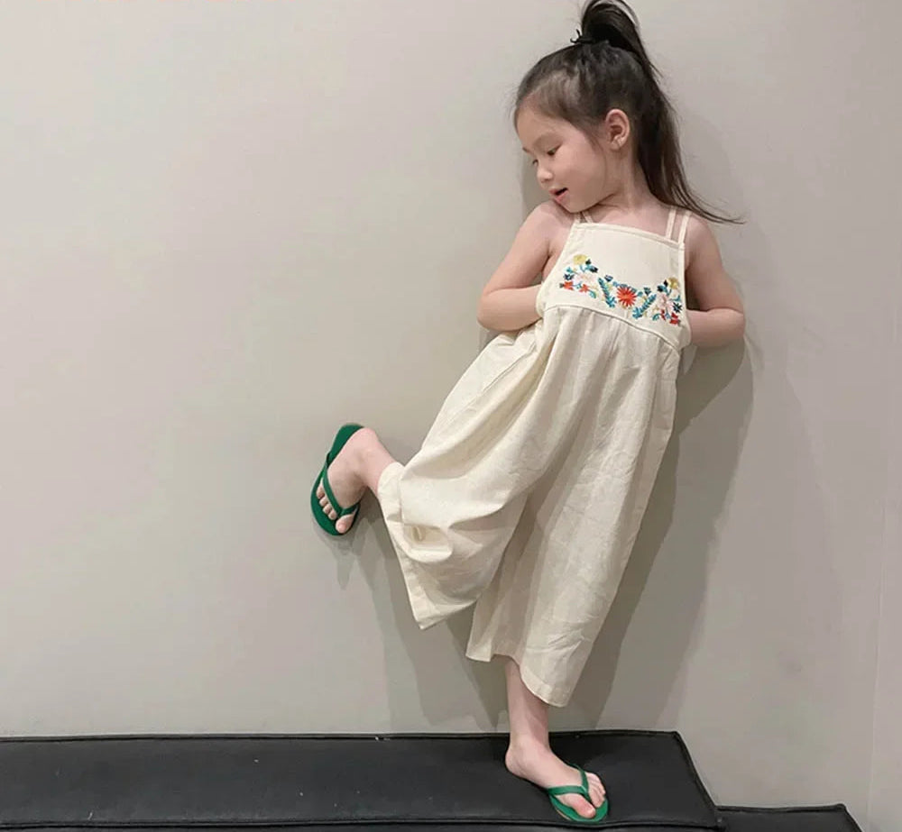 Girls Summer Overalls - Embroidered Flower Sling Cotton Pants