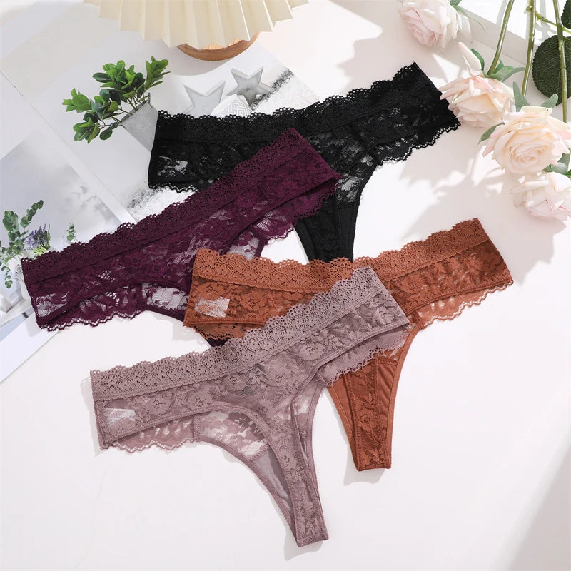 3Pcs Women's Lace Hollow Out Underwear Floral Print Panties Low-Waist Thong Breathable G-string Lingerie