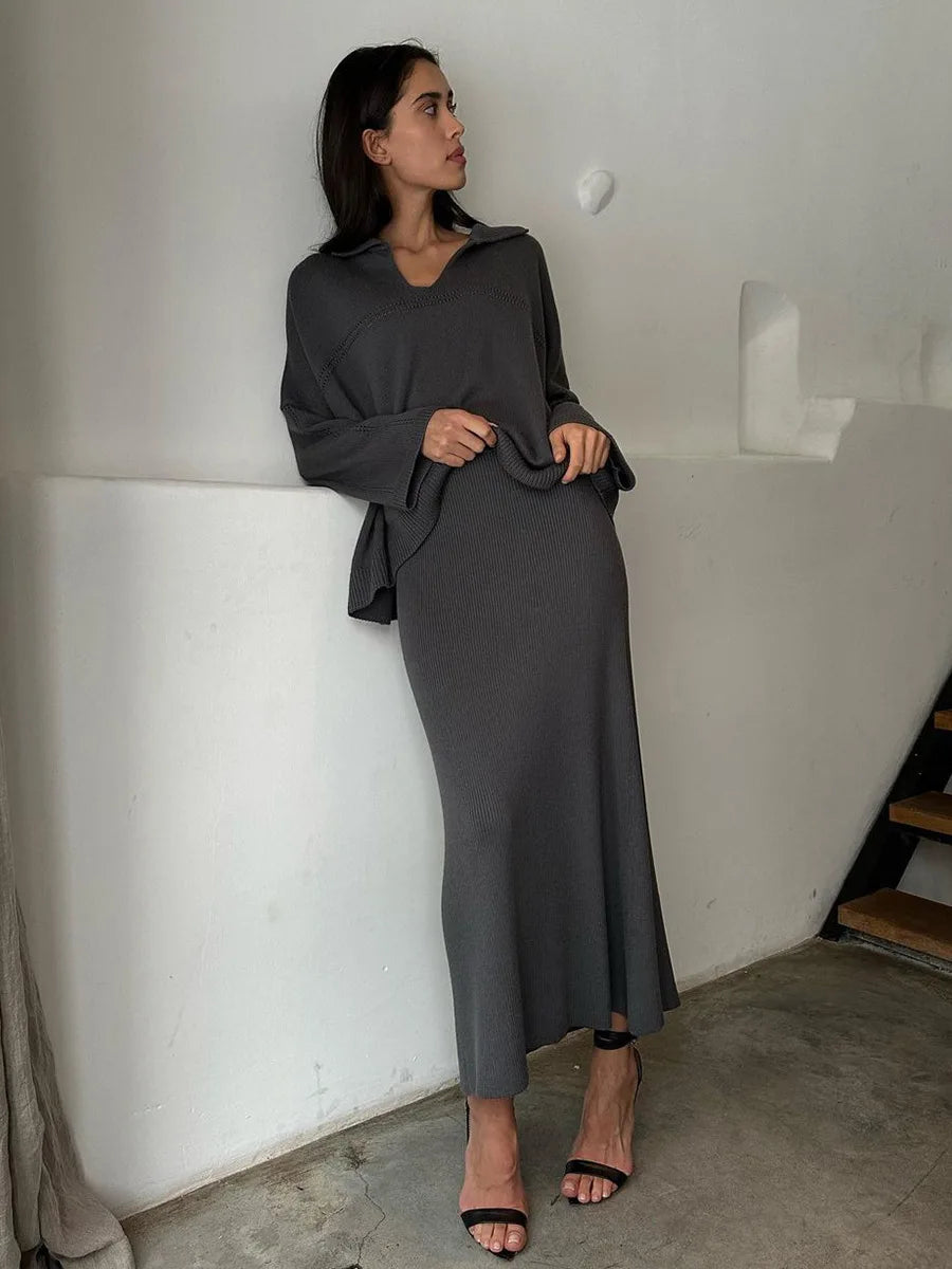 Women's Loose Sweater V-Neck Knit Pullover Top and Long High Waist Skirt 2 Piece Set