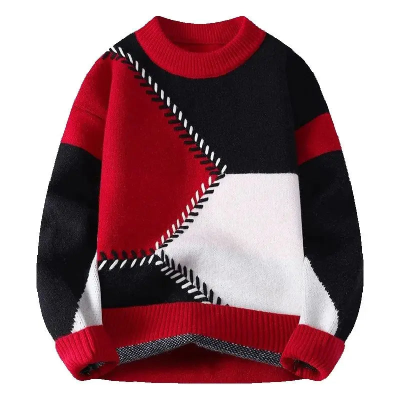 Men's Autumn Winter Patchwork O-Neck Knit Sweater - Casual Warm Pullover