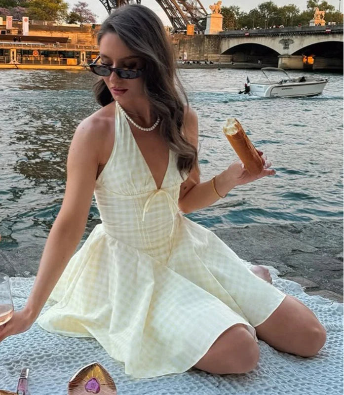 Elegant Plaid Mini Dress - Deep V-Neck Halter Summer Dress