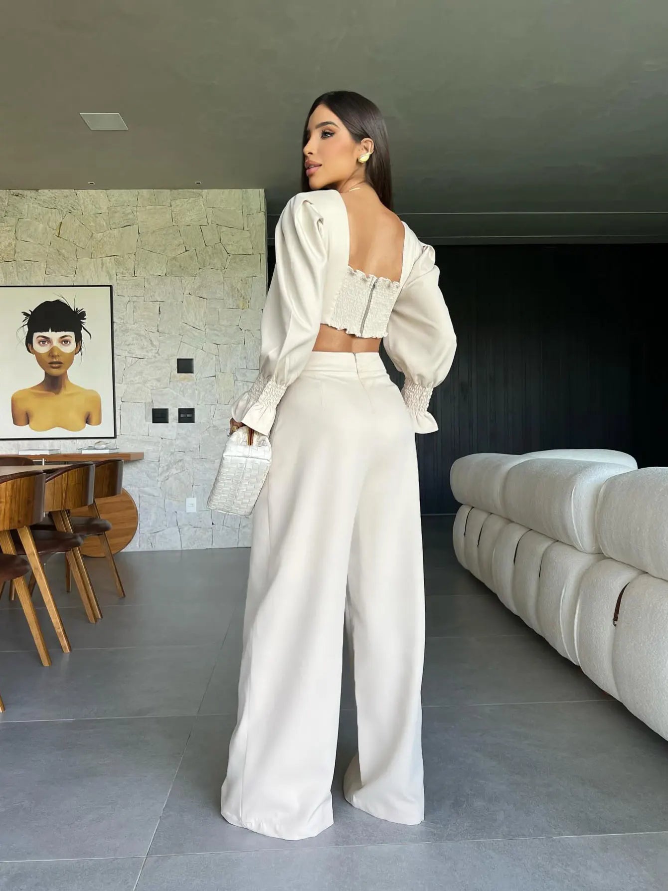 Women's Two Piece Set With Pants Summer Long Sleeve Short Top Wide Leg Pants Set