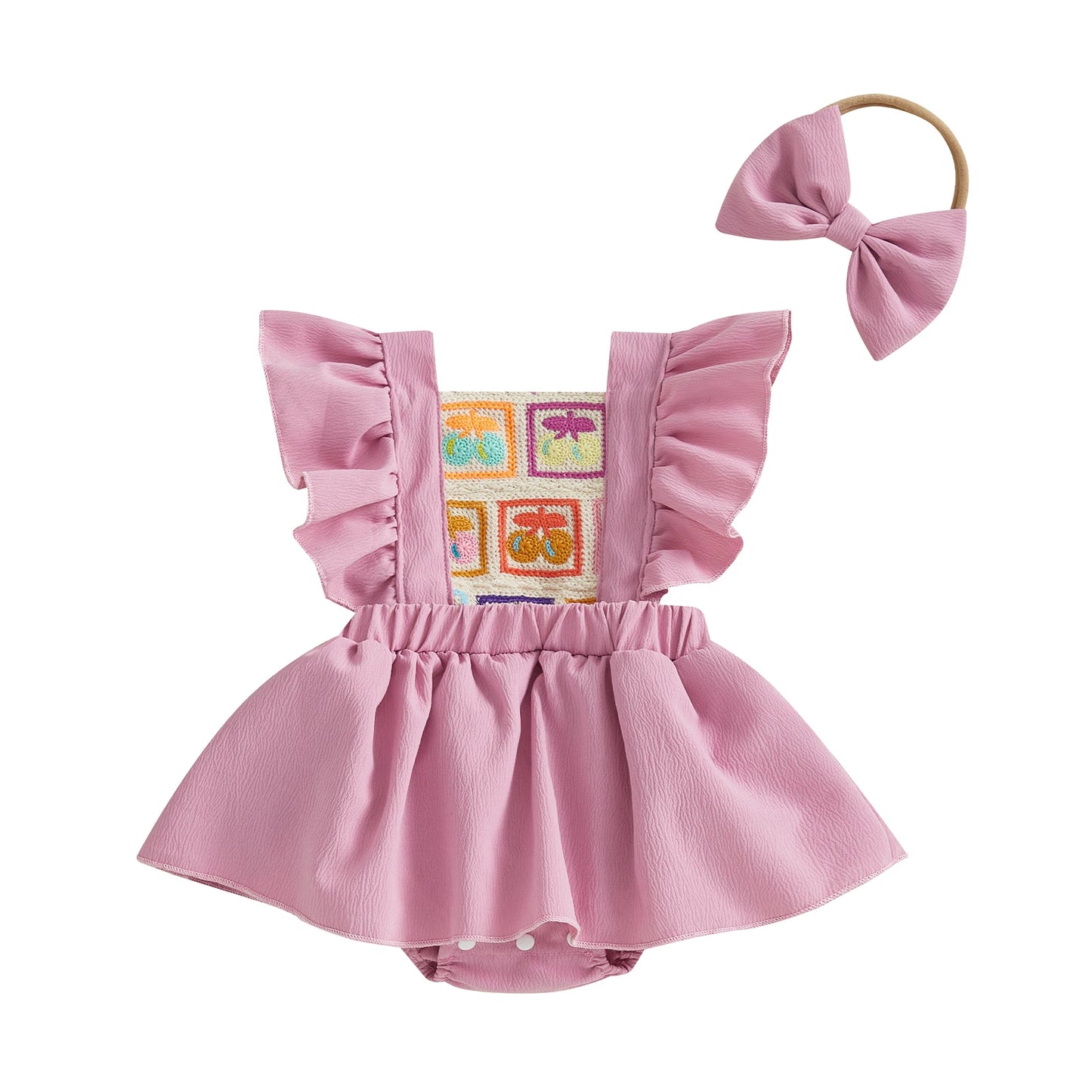 0-18M 2pcs Baby Girls Rompers Dress Cherry Embroidery Ruffles Fly Sleeve Skirt Hem Jumpsuits with Headband