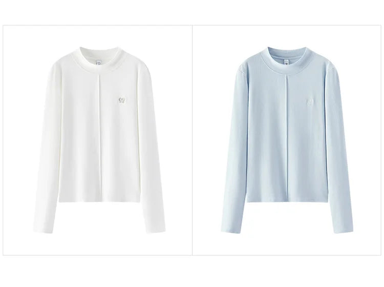 Women's Mock Neck Thermal Base Layer - Slim Fit Brushed Fabric with Embroidery