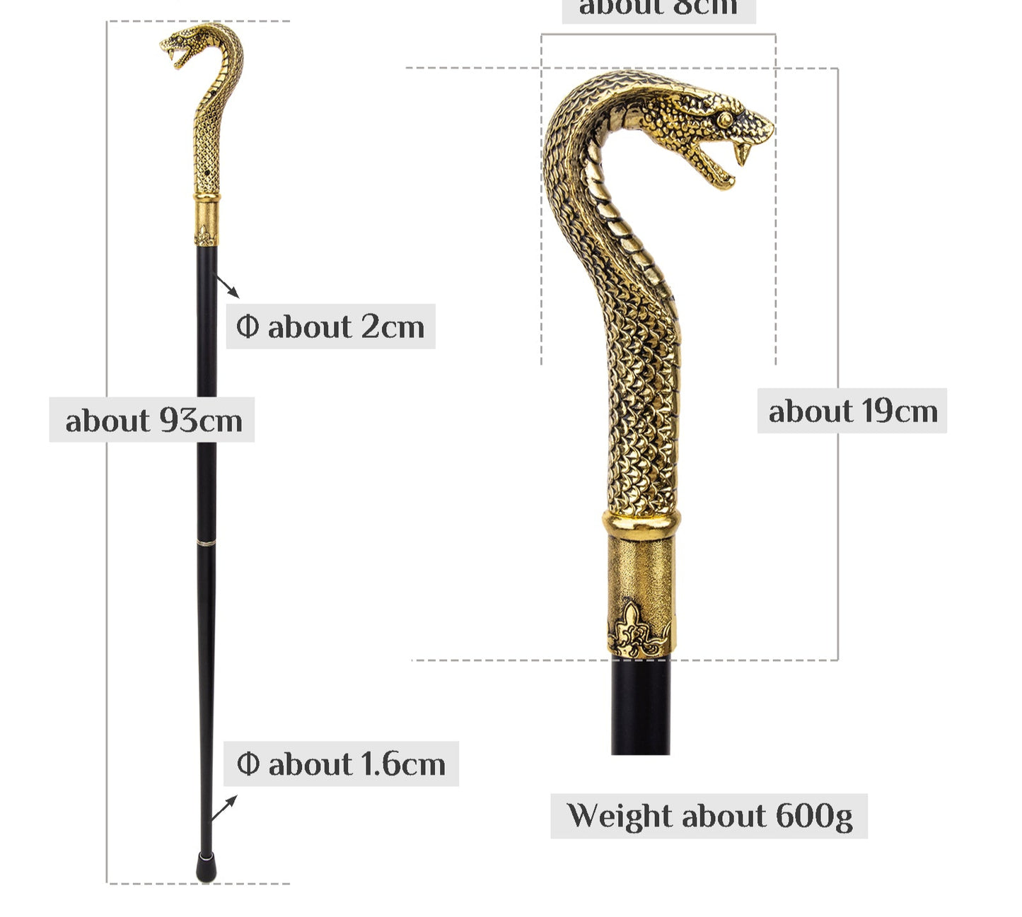 Luxury Snake Handle Walking Stick 93cm - Elegant Gold Black Decorative Cane
