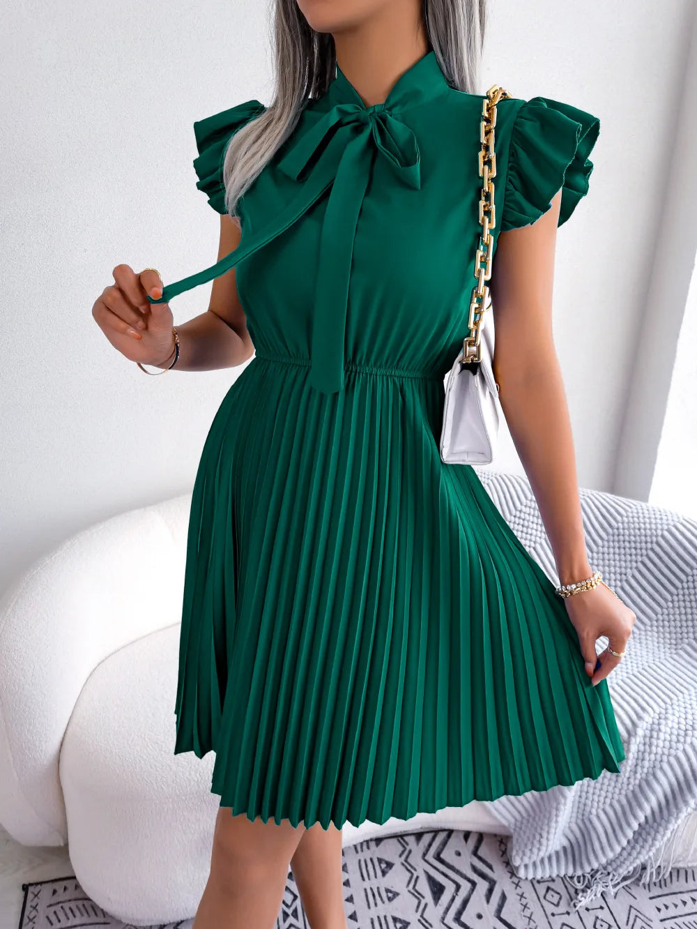 Women's Spring Summer Elegant Lace Up High Waist Large Fold Bow Collar Pleated Dress