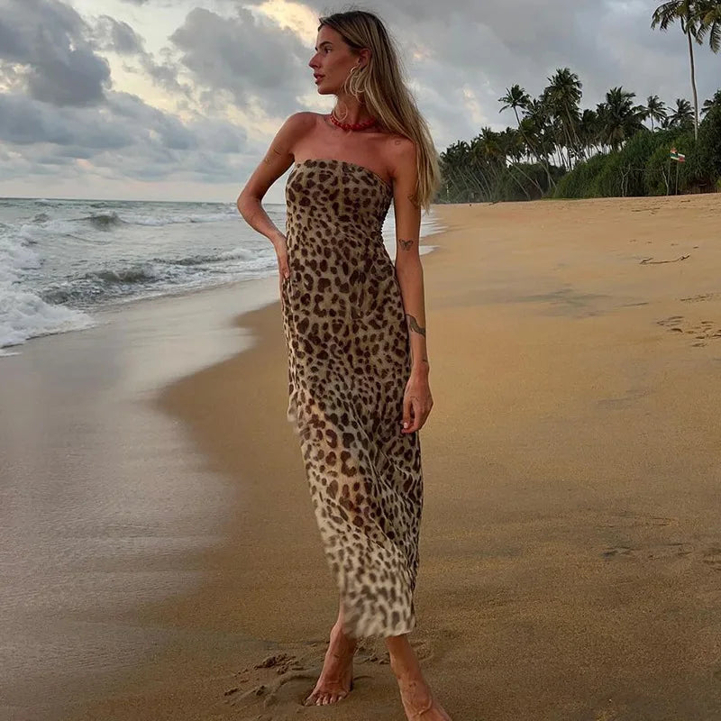 Women's Vintage Leopard Print Straps Long Slip Backless Dress