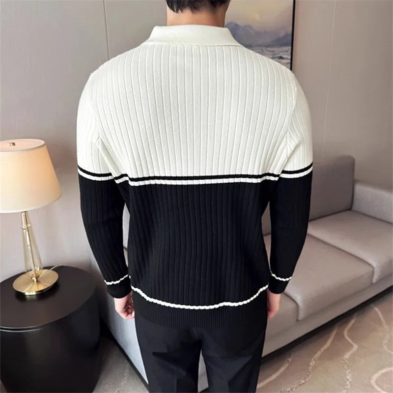 Men's Autumn Winter Polo Collar Sweater - Patchwork Knit Pullover