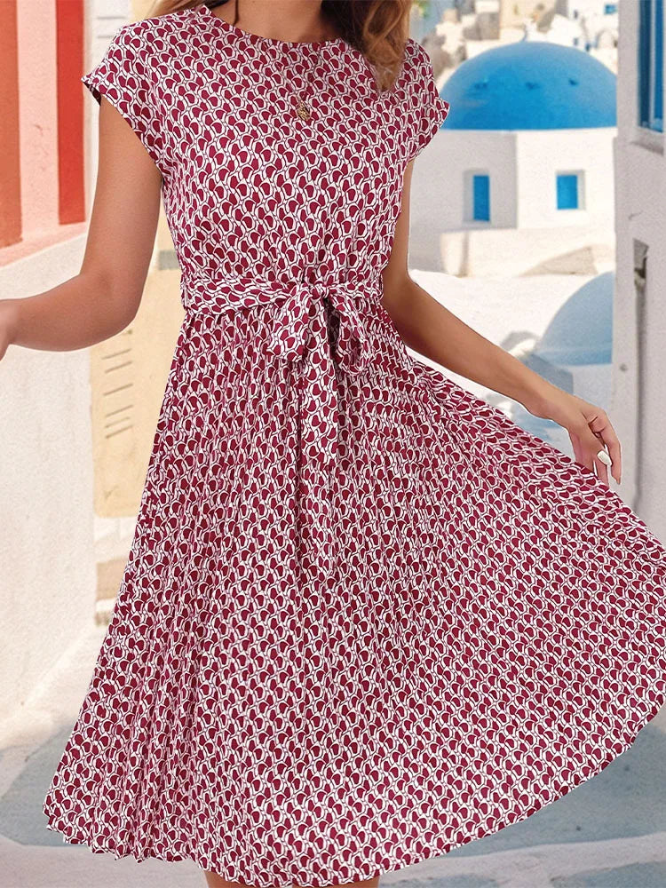 Women's Floral Pleated A Line Long Spring Summer Short Sleeve High Waist Chic Dress