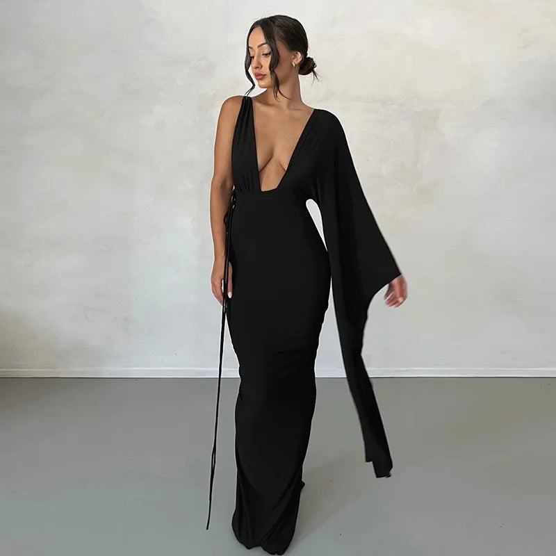 Women's Draped Deep V Backless Maxi One Shoulder Gown Slip Dress