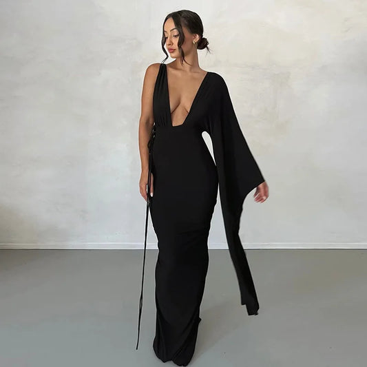 Women's Draped Deep V Backless Maxi One Shoulder Gown Slip Dress