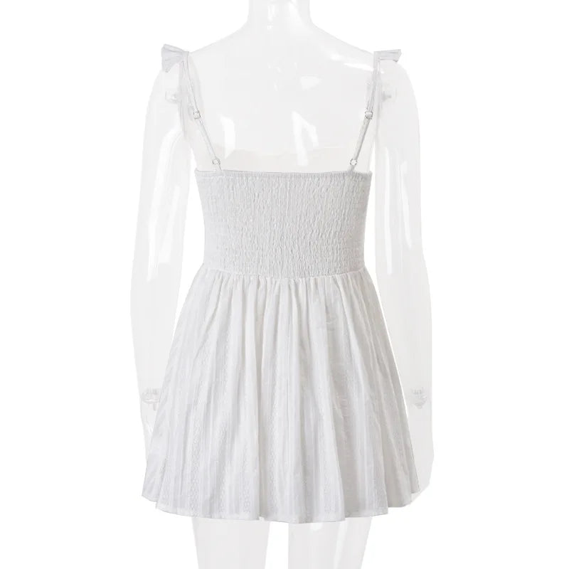Women's Elegant Ruffled Detail Tie Front Mini Coquette Outfits Summer Backless A-Line Slip Pleated Dress